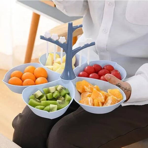 صحن مقسم شكل ورده + 6 قطع شوكة إنتقاء فواكهة + حامل على شكل شجرة🌱